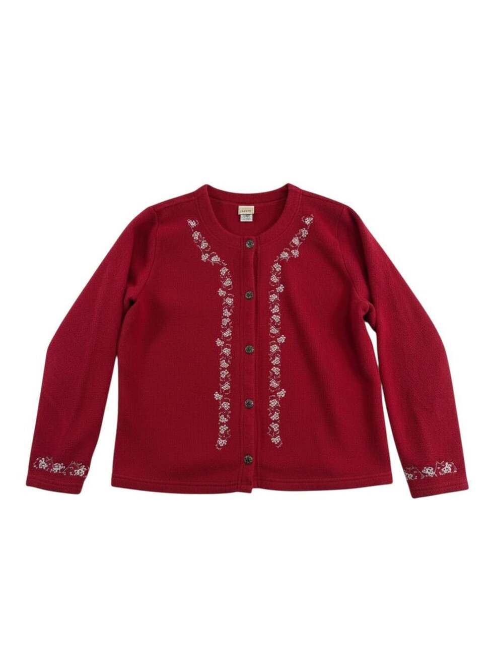 L.L.Bean Vintage Red Fleece Floral Embroidered Button Up Cardigan Sweater XL